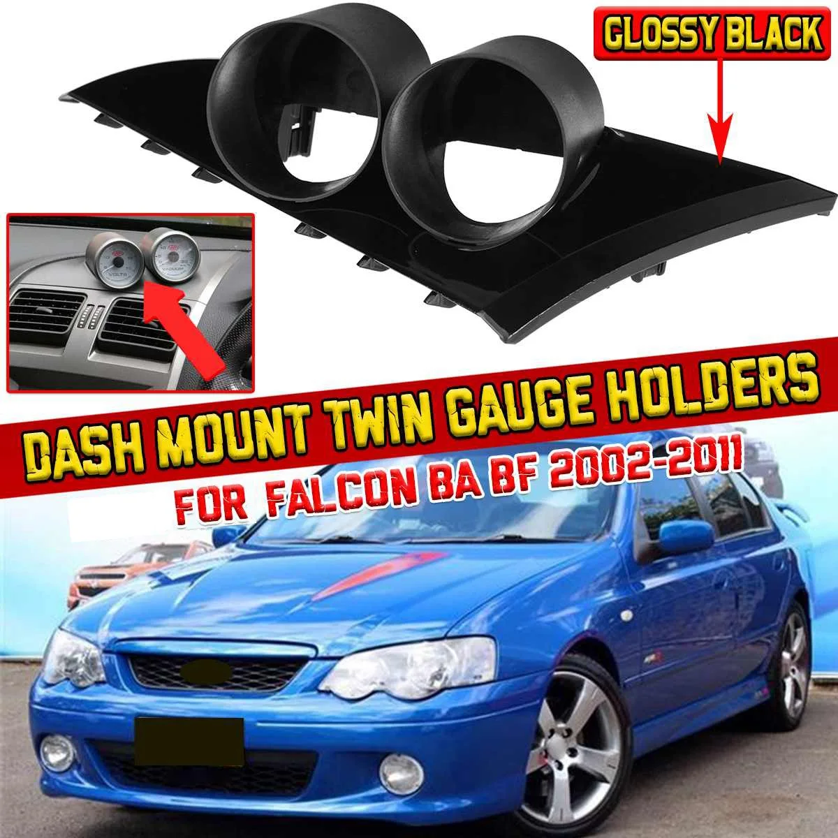 52MM Car Glossy Black Gauge Pod Dash Mount Twin Gauge Meters Holder for Ford Falcon BA BF 2002-2011