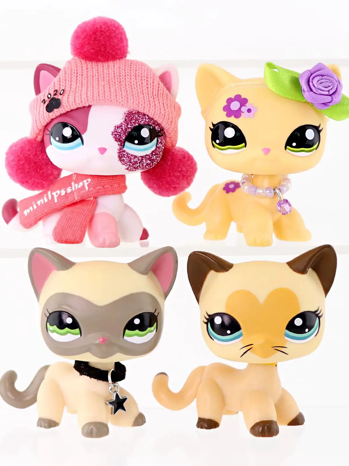 4 szt. Miniaturowe figurki zwierząt Minilpsshop - Kot krótkowłosy # 1116 # 3573 # 2291 # Zabawki typu bobble head z 1962 roku, kolekcjonerskie, przezroczyste łączniki — 2