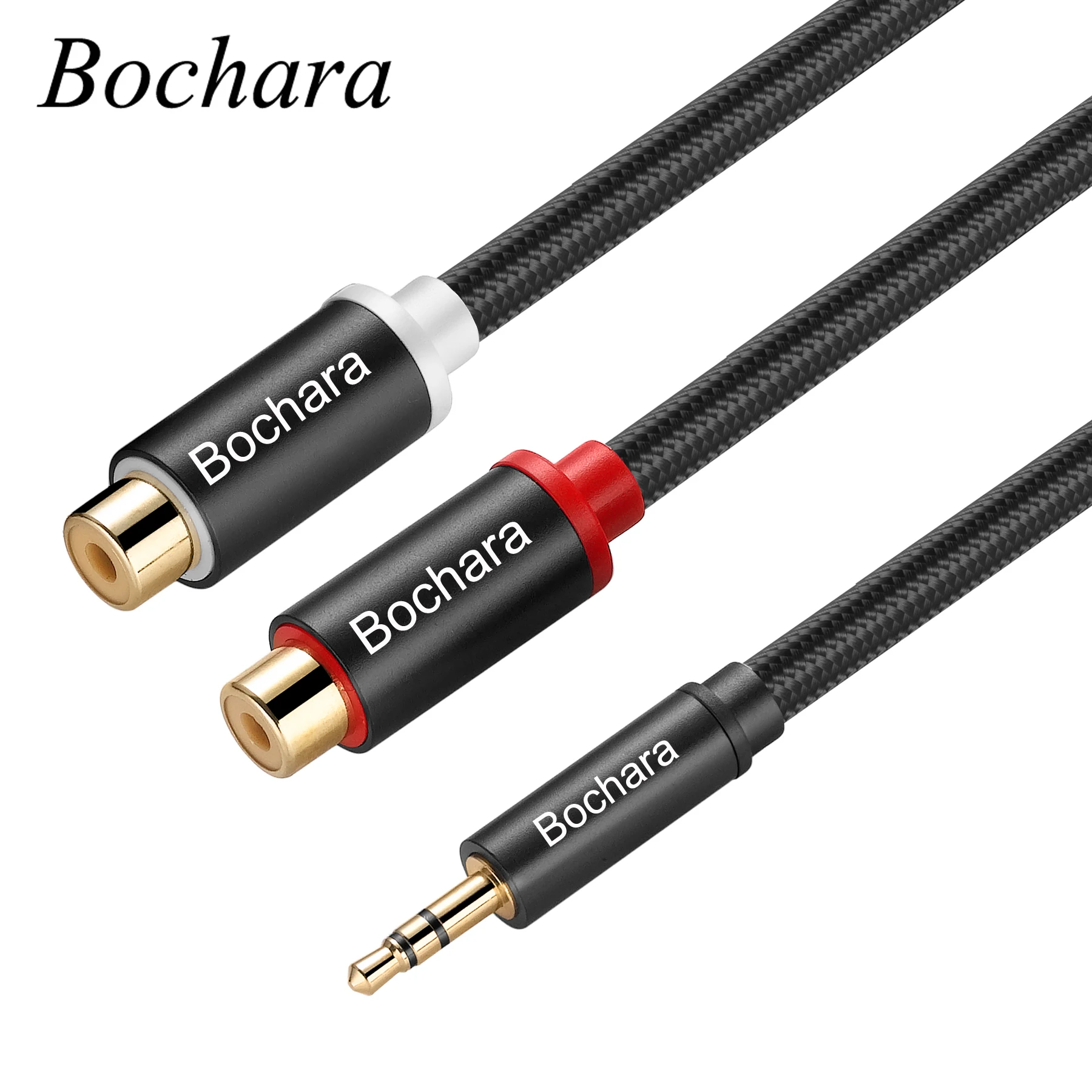 Bochara pleciony 30cm 3.5mm Stereo Aux męski na 2RCA żeński kabel konwertera audio folia + pleciony ekranowany