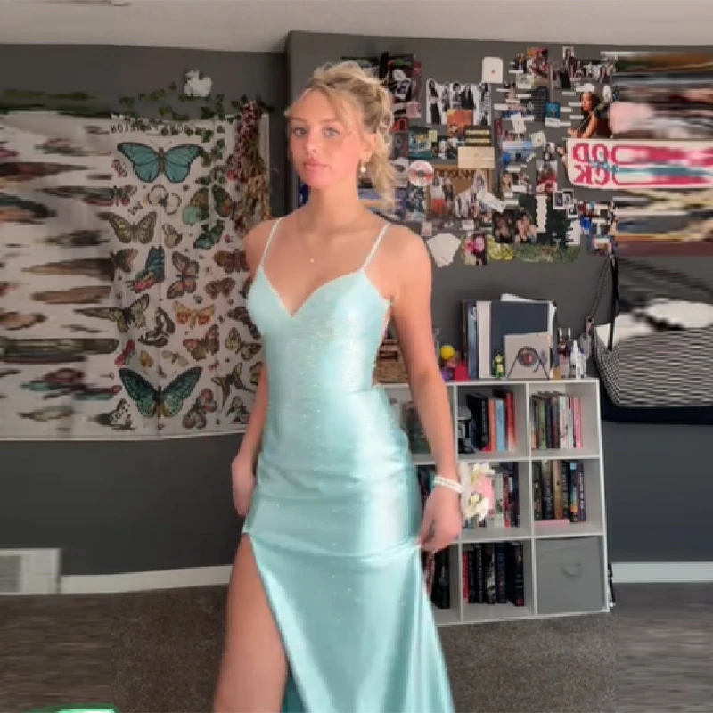 

Элегантное атласное платье миди цвета аква с V-образным вырезом, на тонких бретелях, с высоким разрезом, облегающее, новинка 2026 года, для вечеринок и отпуска