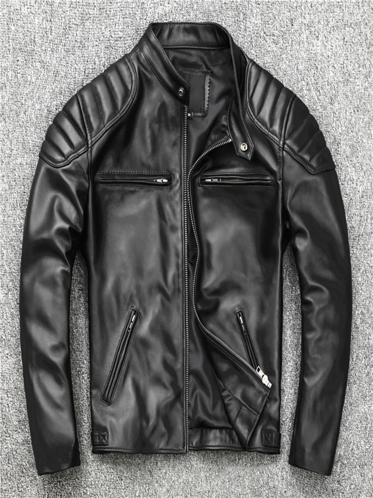 

New Sheepskin Leather Jacket Men Motorcycle Biker Spring Natural Genuine Calfskin Jackets Vintage Slim Short Male Coat