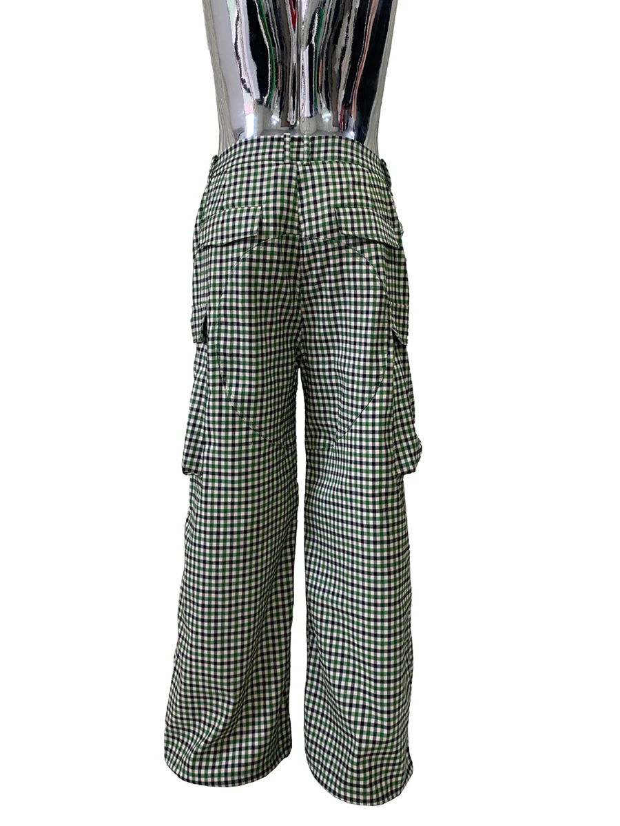 ربيع الخريف الملونة الأخضر منقوشة واسعة الساق السراويل البضائع للرجال جيوب ثلاثية الأبعاد شيك فاخر مصمم ايمو الملابس 2025 #3