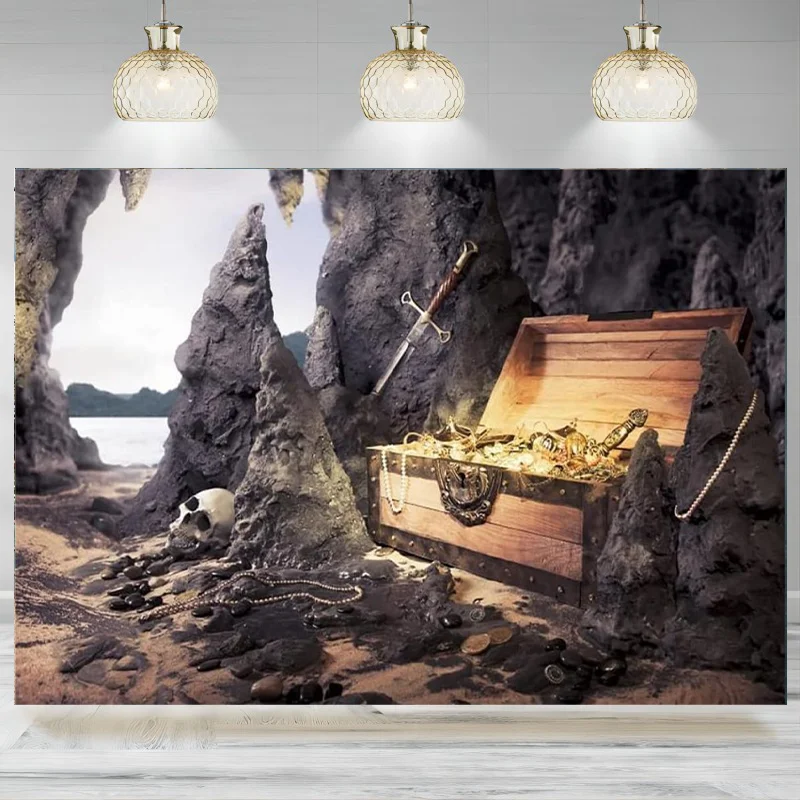 

Фотофон Renaiss с изображением сокровищ, для взрослых и детей, приключения, Золотой остров, фон для фотосъемки, Череп, украшения, пещера, декоративный баннер
