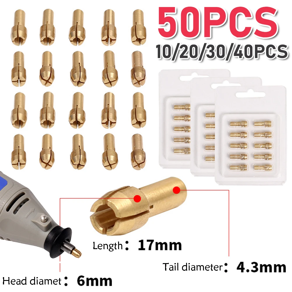 Mini Latão Collet Chuck para Dremel Rotary Tool, Acessórios de Moagem Elétrica, Caneta De Gravura, Núcleo De Cobre, Elétrico, Acessórios, 3.2mm-0.5mm, 50 Pcs, 10 Pcs
