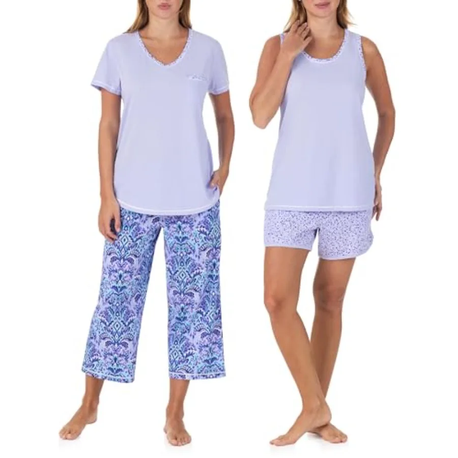 Carole Hochman Women's 4-Piece 100% Cotton Pajama Set V-Neck T-Shirt, Tank, Capri Pants and Shorts with Drawstring and Pockets