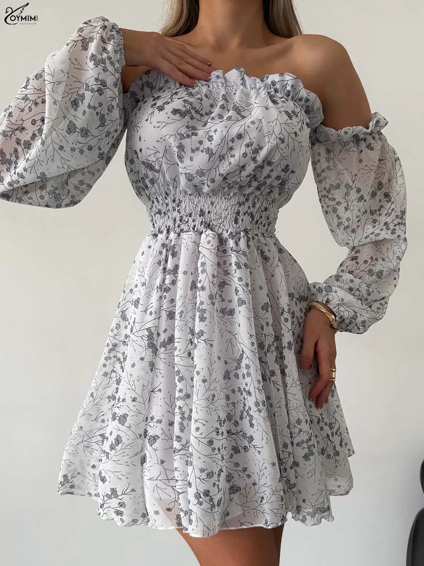 Oymimi Fashion Black Print Dresses 2025 Woman Elegant Strapless Open Back Long Sleeve Dresses Casual High Waist Loose Mini Dress