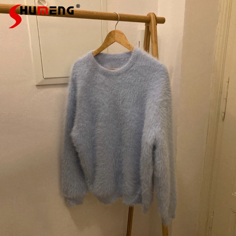 

Men's Round Collar Sweaters Men 2025 Winter New Warm Simple Stylish Knitted Tops Solid Color Long Sleeve Loose Comfort Pullovers