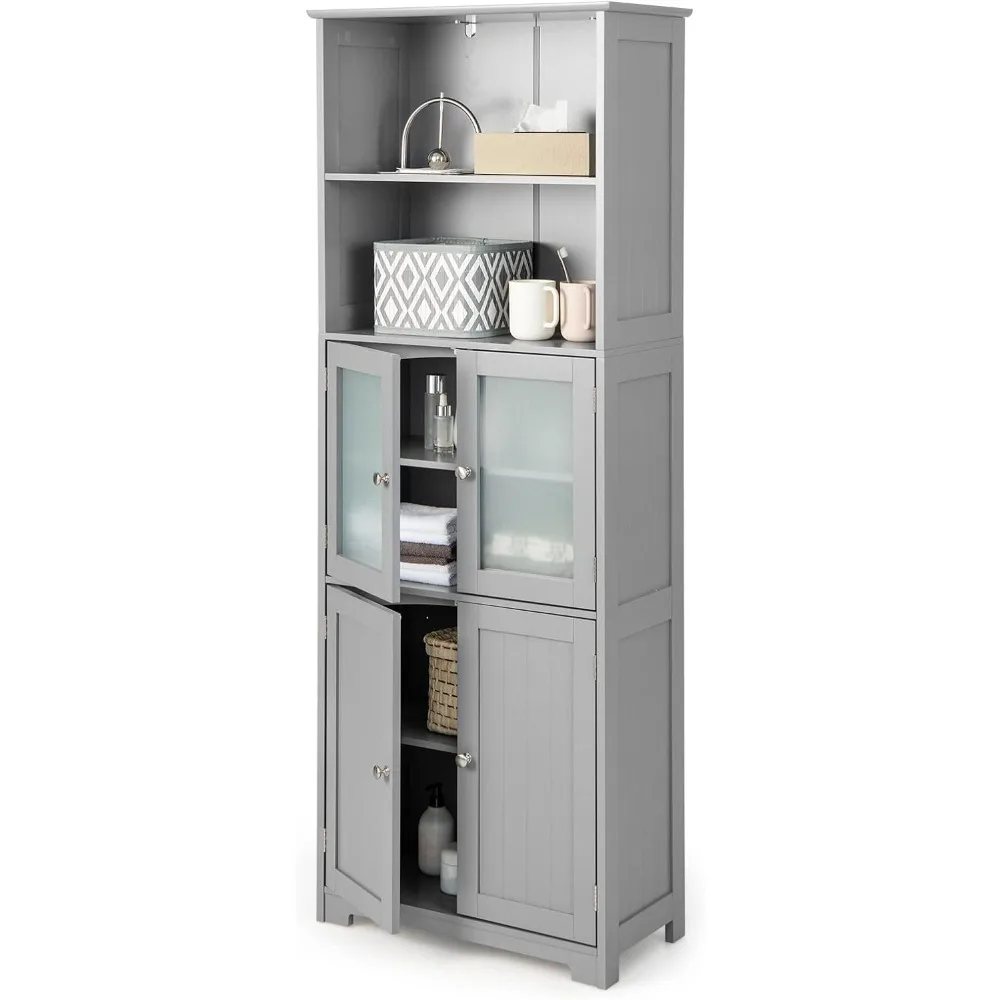 LOKO Tall Bathroom Cabinet, Linen Storage Cabinet with Doors & Open Shelves, Wooden Floor Cabinet with Adjustable Shelves