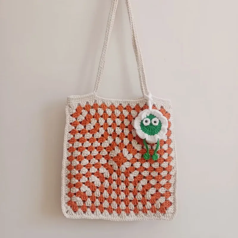 Granny Square Women Shoulder Bag Yarn Crochet Handmade Casual Tote Lady Shopping Summer Beach Handbag