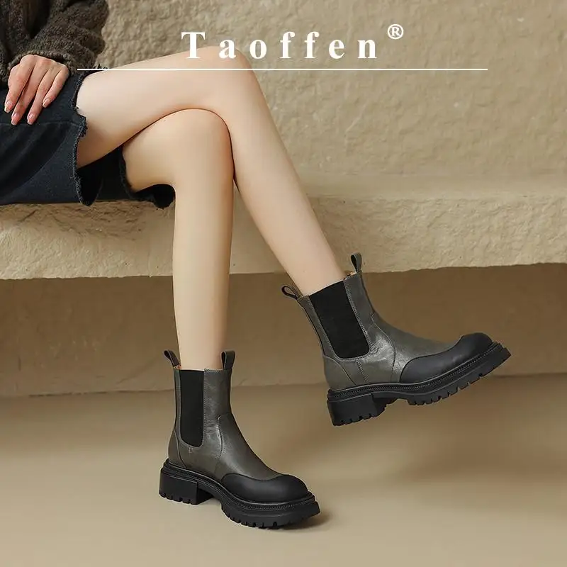 Taoffen Genuine Leather Ankle Boots Women Slip on Block Heels Chelsea Boots Thick Sole Botas Mujer Invierno 2023 Designer