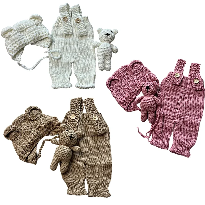 3pcs/sets Newborn Photography Clothing Hand-woven Romper Pants Bear Hat and Bear Dolls Decor Props Baby Photoshoot Outfits