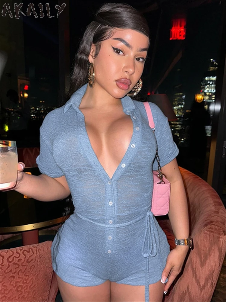 

Akaily Summer Fashion Blue Polo Collar Short Sleeve Rompers Club Outfit For Women 2024 Single-Breasted Bandage Casual Romper