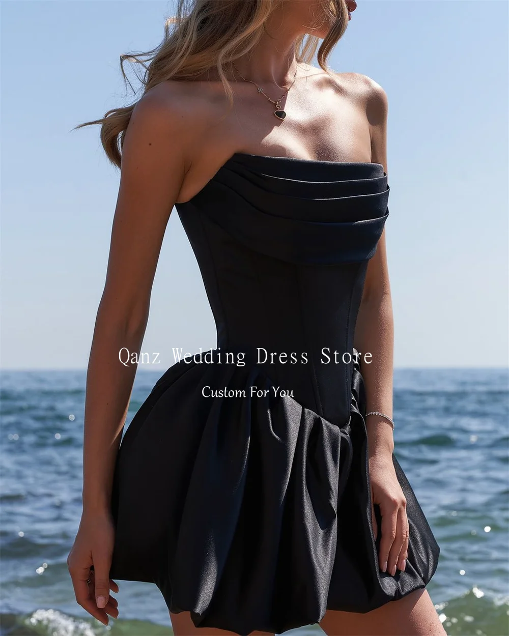 Qanz Beach Prom Dresses Black Satin Lace Up Back Mini A Line Party Gown Ladies Dress Customizedses for Special Occasions