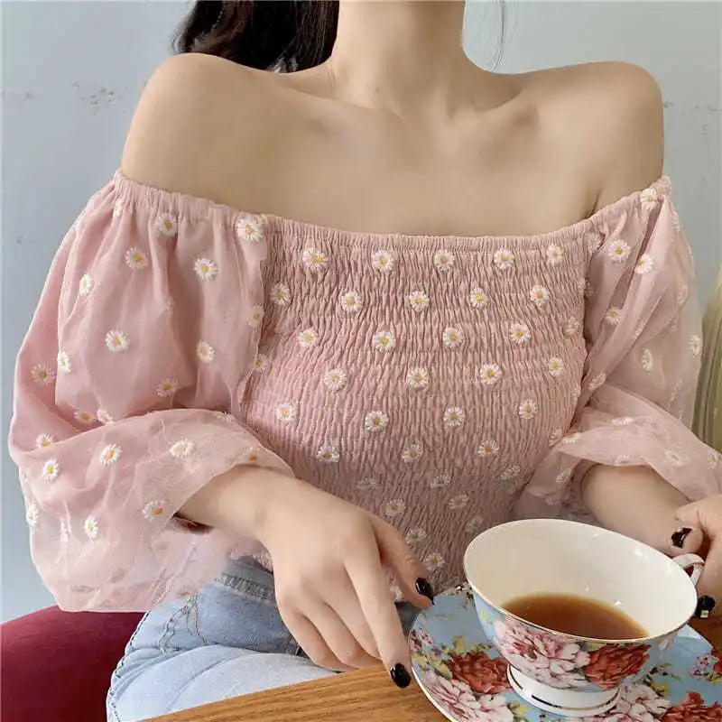 Lantern Sleeve Blouses Women Mesh Floral Summer Crop Tops Tender Sweet Females New Arrival Trendy Casual Mujer Топ Женский Chic