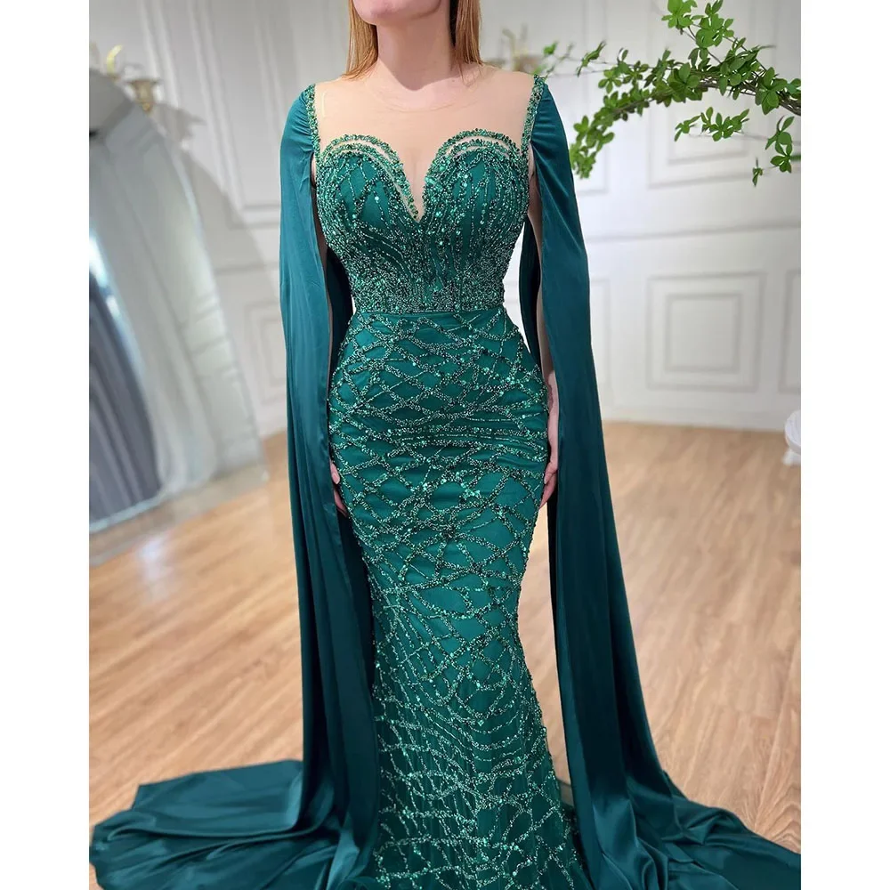 Serene Hill Green Mermaid Cape Sleeves Luxury Beaded Evening Dresses Elegant Party Gowns For Women DLA71668 Customized