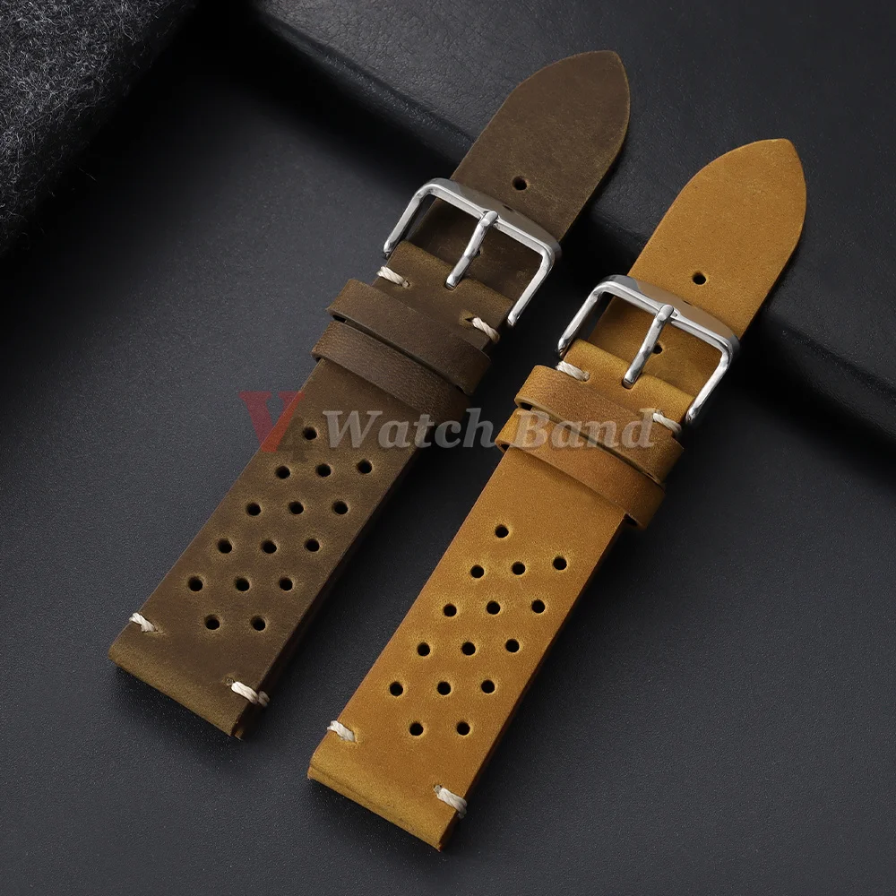 18mm 19mm 20mm 21mm 22mm 24mm Handgefertigte Uhrenarmbänder Dunkelbraun Atmungsaktive Poröse Uhrenarmbänder Vintage Racing Leder-Uhrenarmbänder – Detail 3