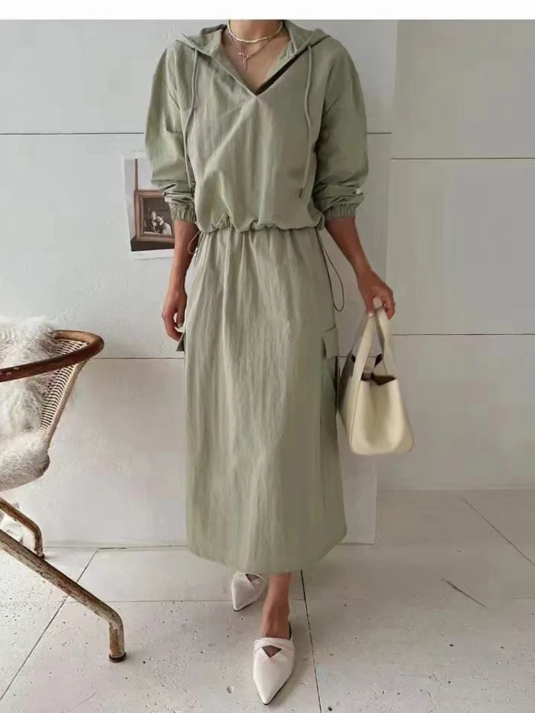 

Women's Dstring Hooded Top And High Waist Skirt Set Loose Fit Slimming Waist Elastic ket Splicing Faion Set