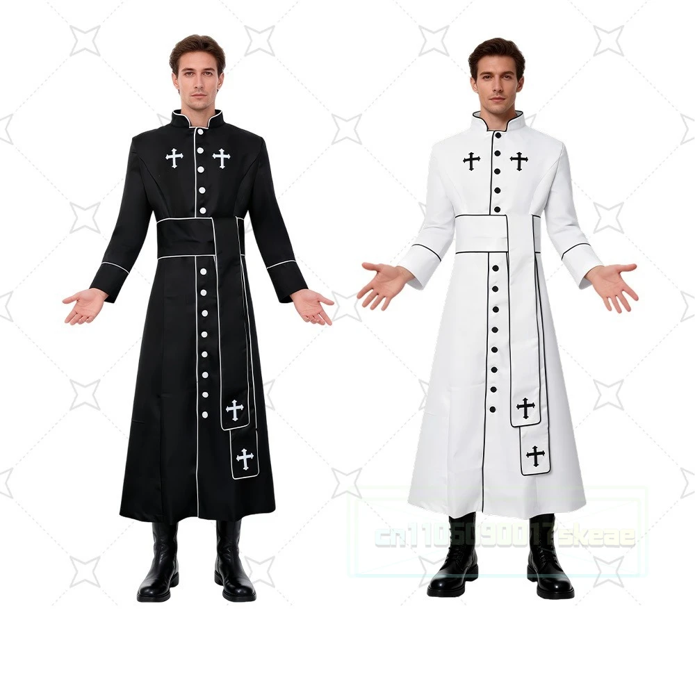 

Adult Black White Noble Priest Costume Men Religious Pastor Father Costumes Halloween Purim Party Mardi Gras Fancy Cosplay Dress