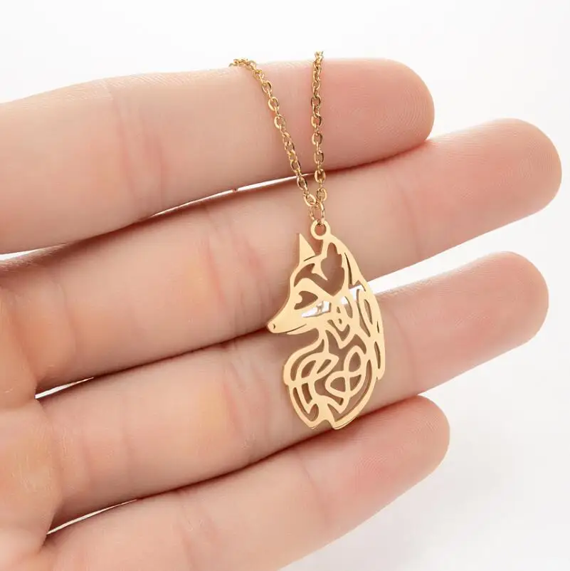 Shuangshuo Classic Viking Fox Pendant Necklace Stainless Steel Hollow Fox Charm Necklace Cute Anmial Jewelry for Her Party Gift