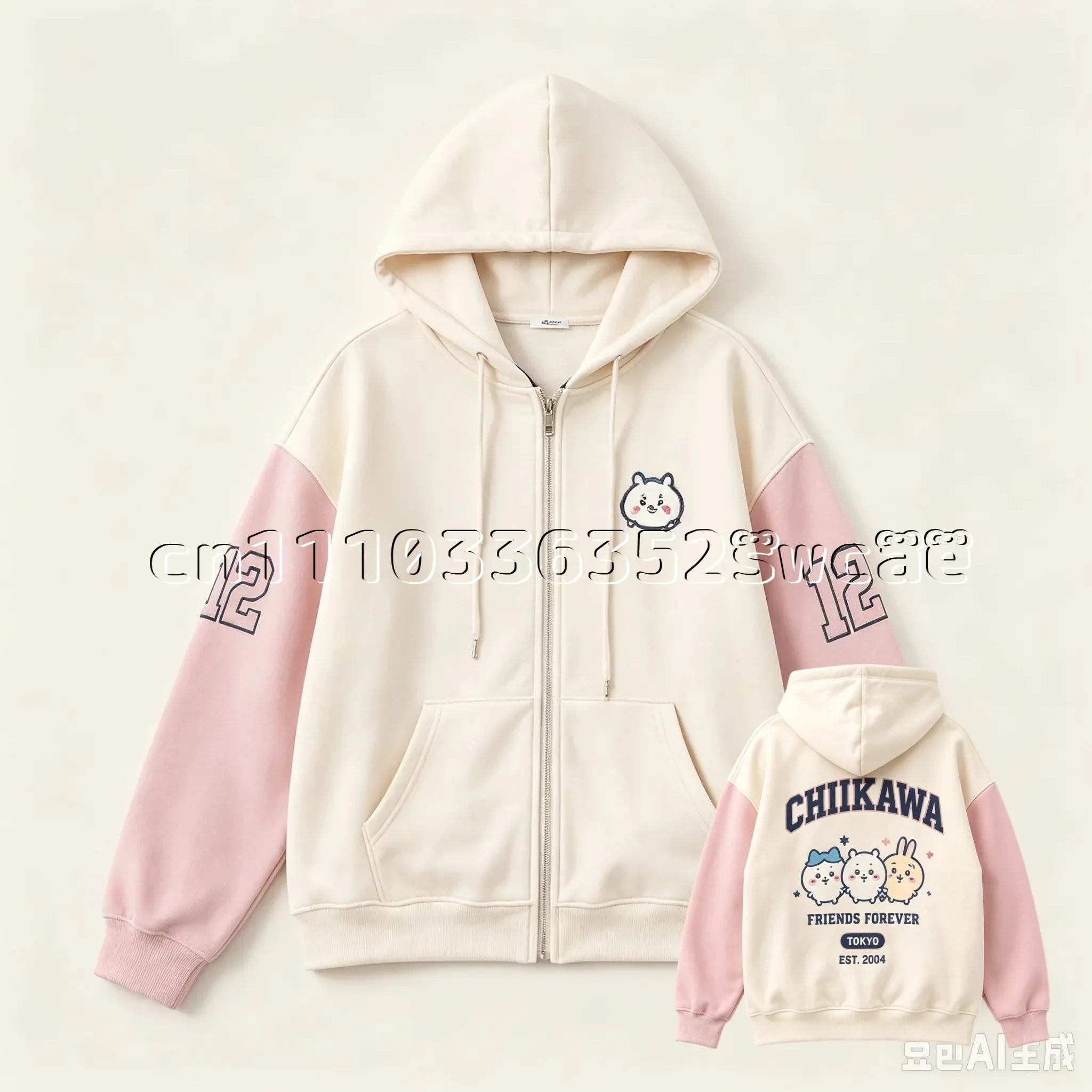 New Chiikawa Zip Up Hoodie Fall Winter Color Block Cartoon Print Couple Sweatshirt Jacket FamilyMatching