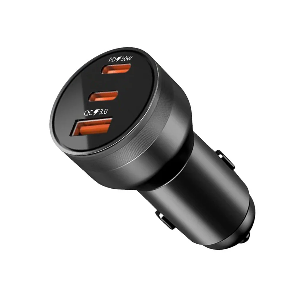 PD 30W Fast Charging Car Adapter 2x USB C + 1x USB A with Digital Display Aluminum Body 12V 24V for Mobile Devices