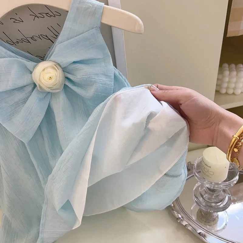 Summer Cotton Bow Solid Color Suspender Baby Girl Dress Korean Version Blue Girl Princess Dress