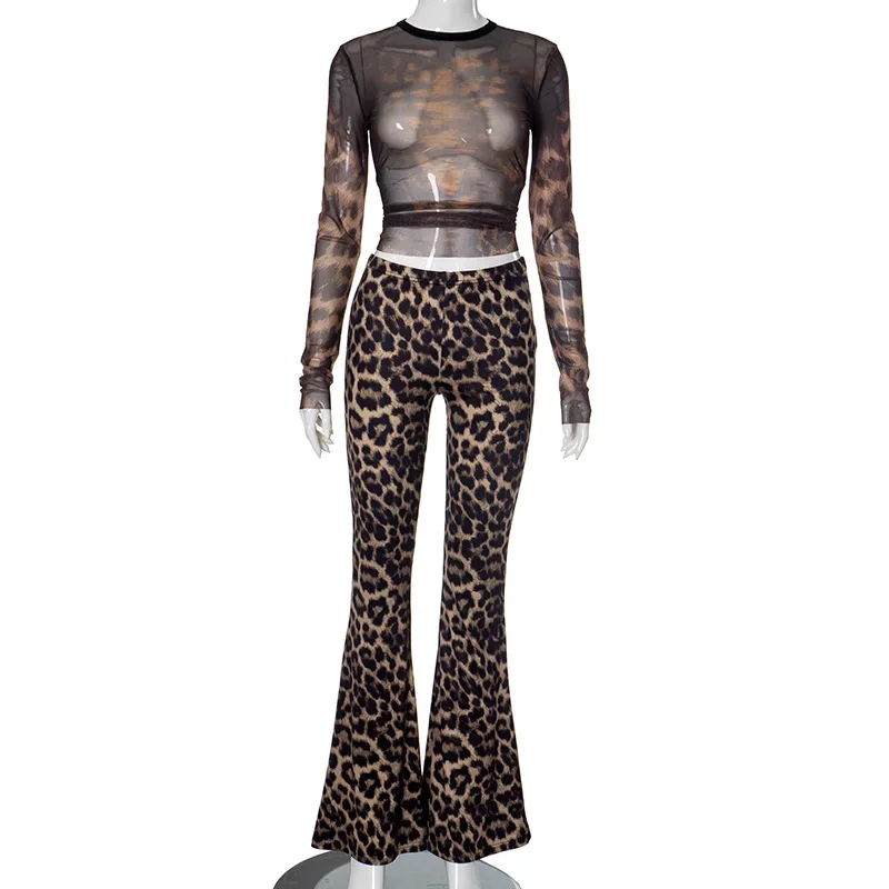 Set da donna sexy in due pezzi con stampa leopardata o-collo manica lunga vedere attraverso top corto in rete + pantaloni svasati a vita alta abiti da clubwear