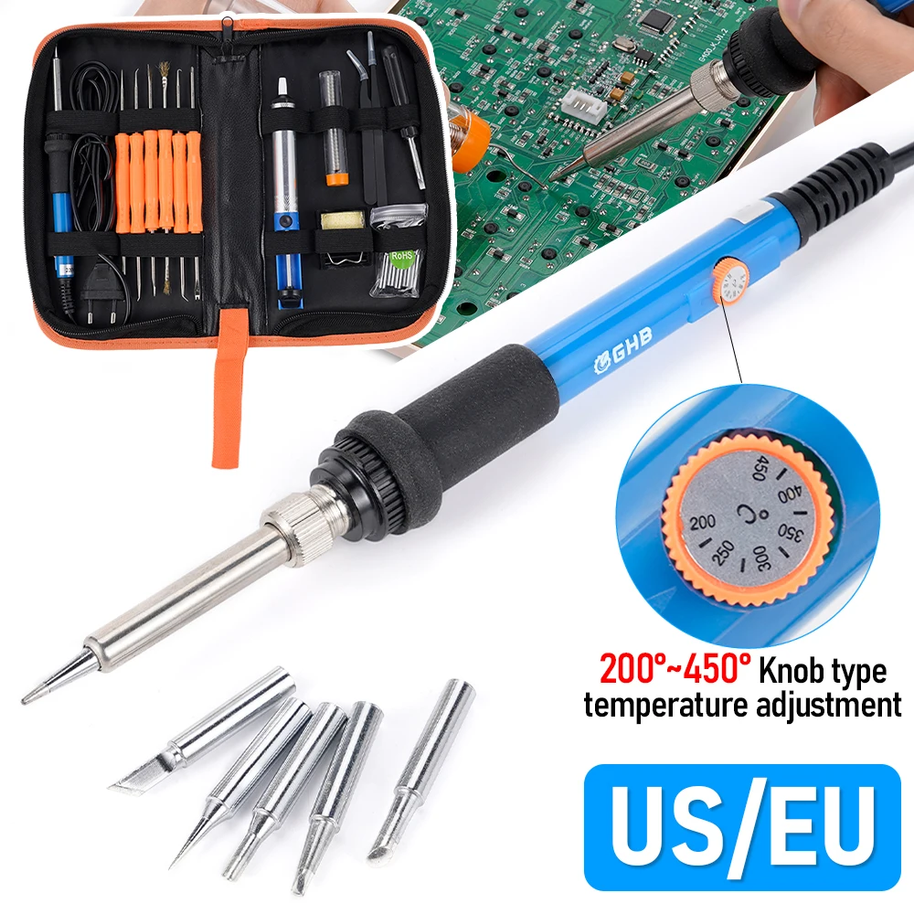 60W Electric Soldering Iron Adjustable Temperature Replaceable Soldering Iron Head Pen Welding Kit with Flat Screwdriver