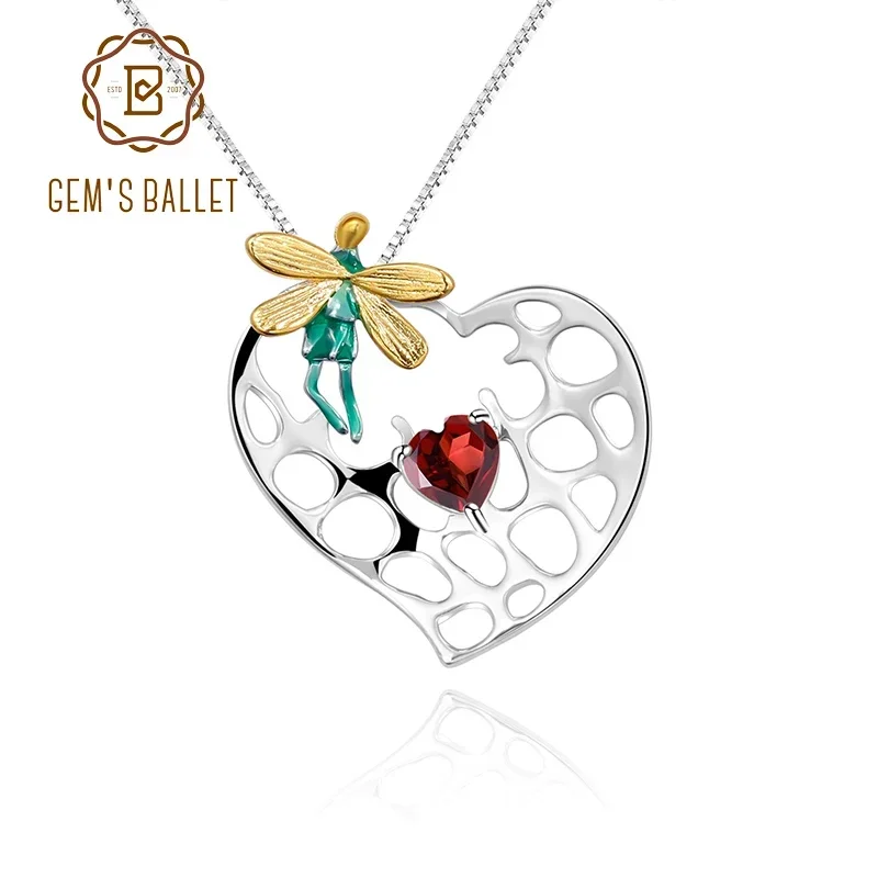 GEM'S BALLET 925 Sterling Silver Natural Red Garnet Gemstone Fine Jewelry Handmade Enamel Elves Pendant Necklace For Women