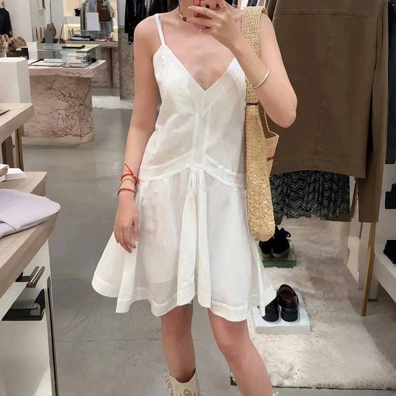 

Women Pleated Short Sling Dress Vacation Style Deep V-Neck White Female Sleeveless Mini Robe Summer 2025