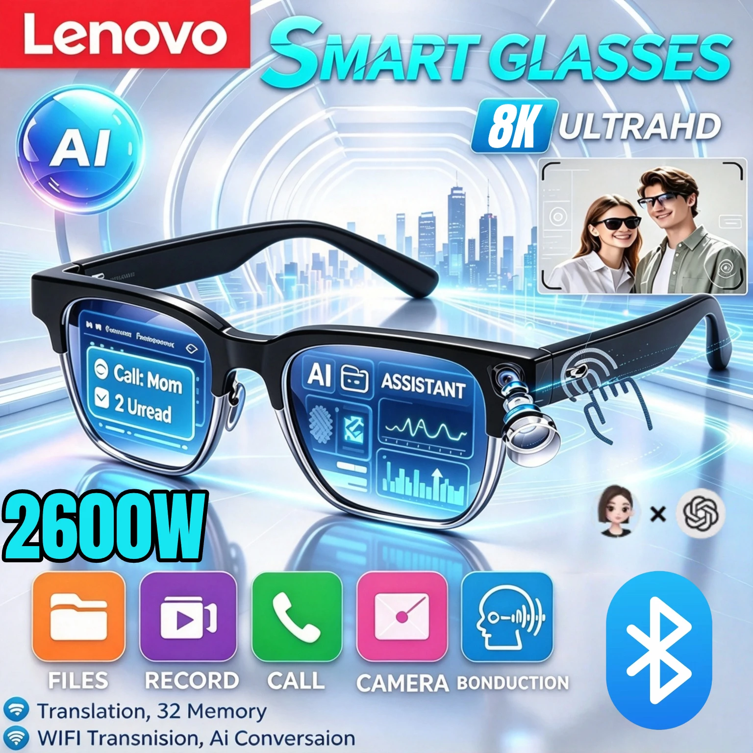 Lenovo 2027 New Smart Glasses AI Translation Bluetooth Conversation Recording Listening To Music Smart Sunglasses for Men Women