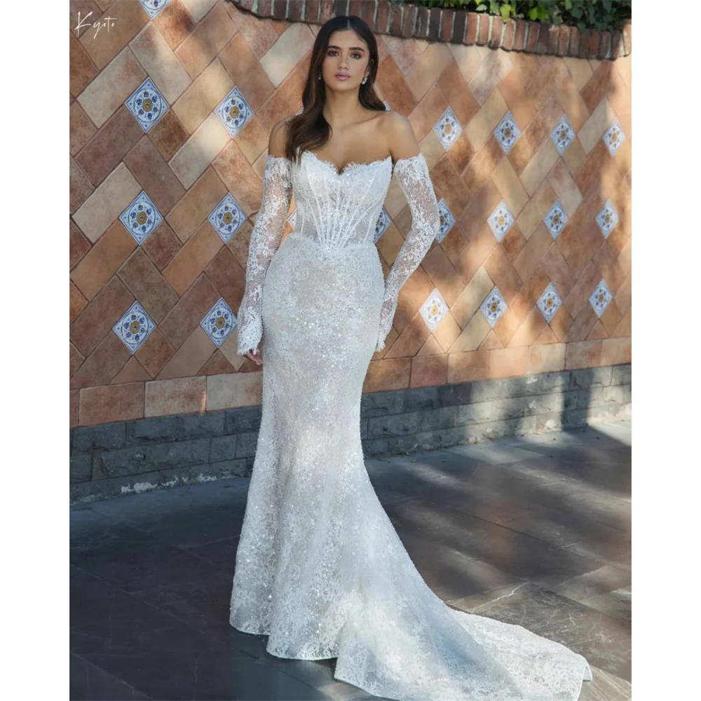 فستان زفاف كيوتو مخصص بوهو عاجي لامع من الدانتيل على شكل زهرة وأكمام قابلة للانفصال حورية البحر ذيل طويل رسمي 2025