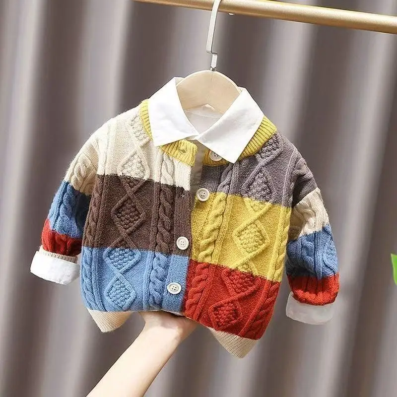 

Children's Knitted Cardigan Autumn/Winter Boys' and Girls' Knitted Jacket Retro Sweater Color Match Boys' Cardigan Top Jacket