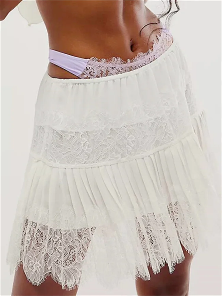 Women's Fashion Mini Skirts Midi Waist Lace Pleated Skirts Summer Casual Bohemian Y2K Aesthetic Short Skirts