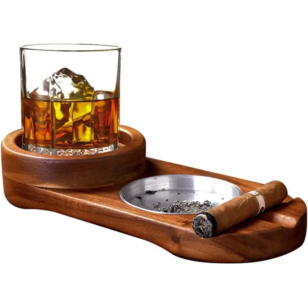 

Elegant Wooden Cigar Ashtray and Holder, Whiskey Glass Tray with Cigar Rest, Ideal Gift for Men, Home Decor Accent