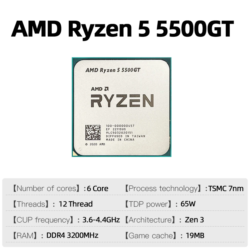 AMD RYZEN 5 5500GT 100% Brand New CPU Gaming Processor 6-Core 12-Thread 4.4GHz TSMC 7nm 19MB Game Cache Socket AM4 For PC Gamer