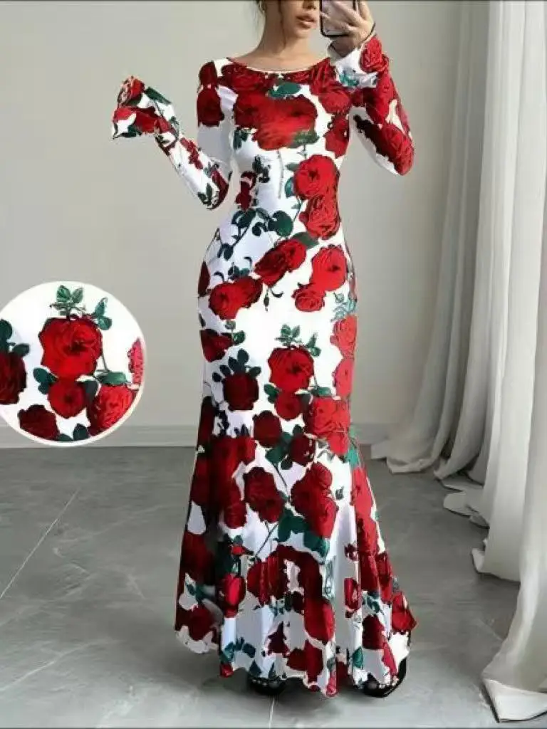 2026 Spring and Autumn New Collection: Round Neck, Elegant, Slim Fit, Long Dress with Rose Flowers, Flared Sleeves, Skirt-Style