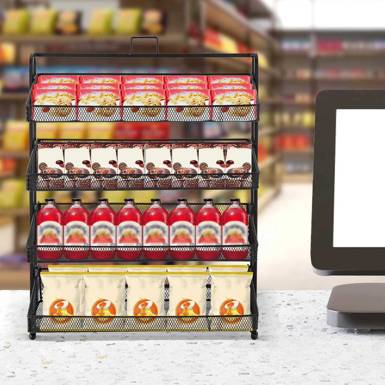 

4 Tiers Retail Candy Display Rack, Counter Groceries Display Shelf, Mutifunctional Storage Basket for Supermarket Stores Office