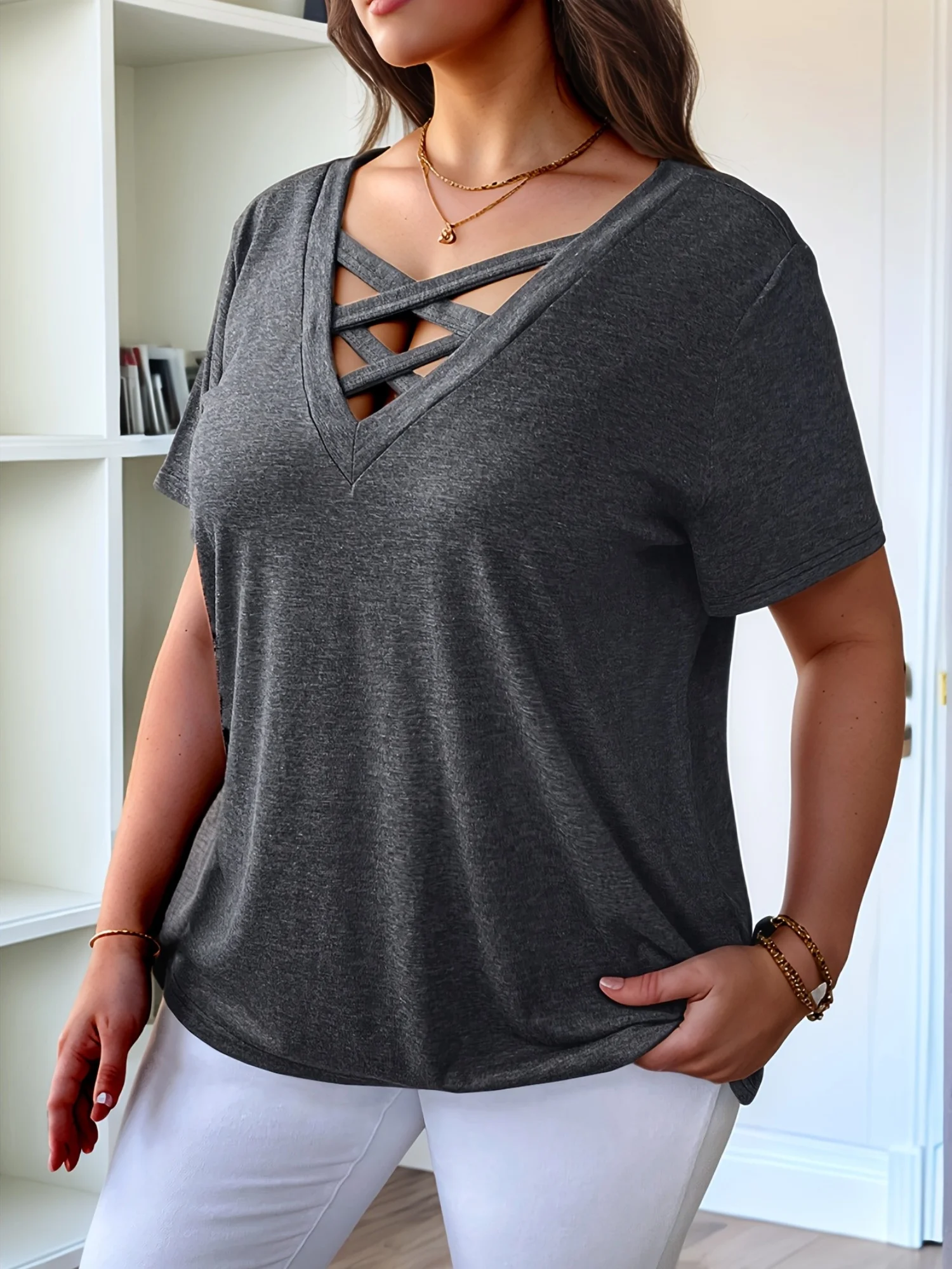 

Летний женский свободный эластичный топ с v-образным вырезом и короткими рукавами больших размеров для женщин, удобная дышащая футболка больших размеров