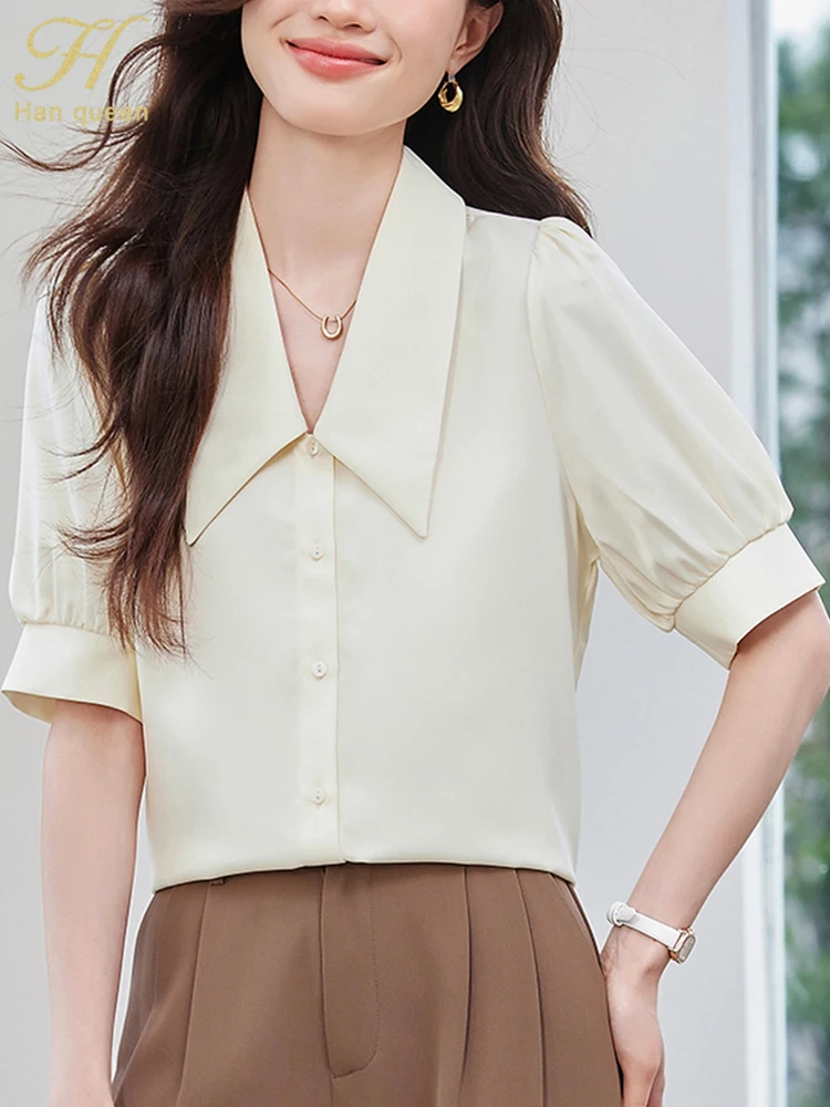 

H Han Queen 2025 Summer Casual Tops Korean Elegant Blouse Women Simple Clothing Short Sleeves Blouses Office Occupation Shirt