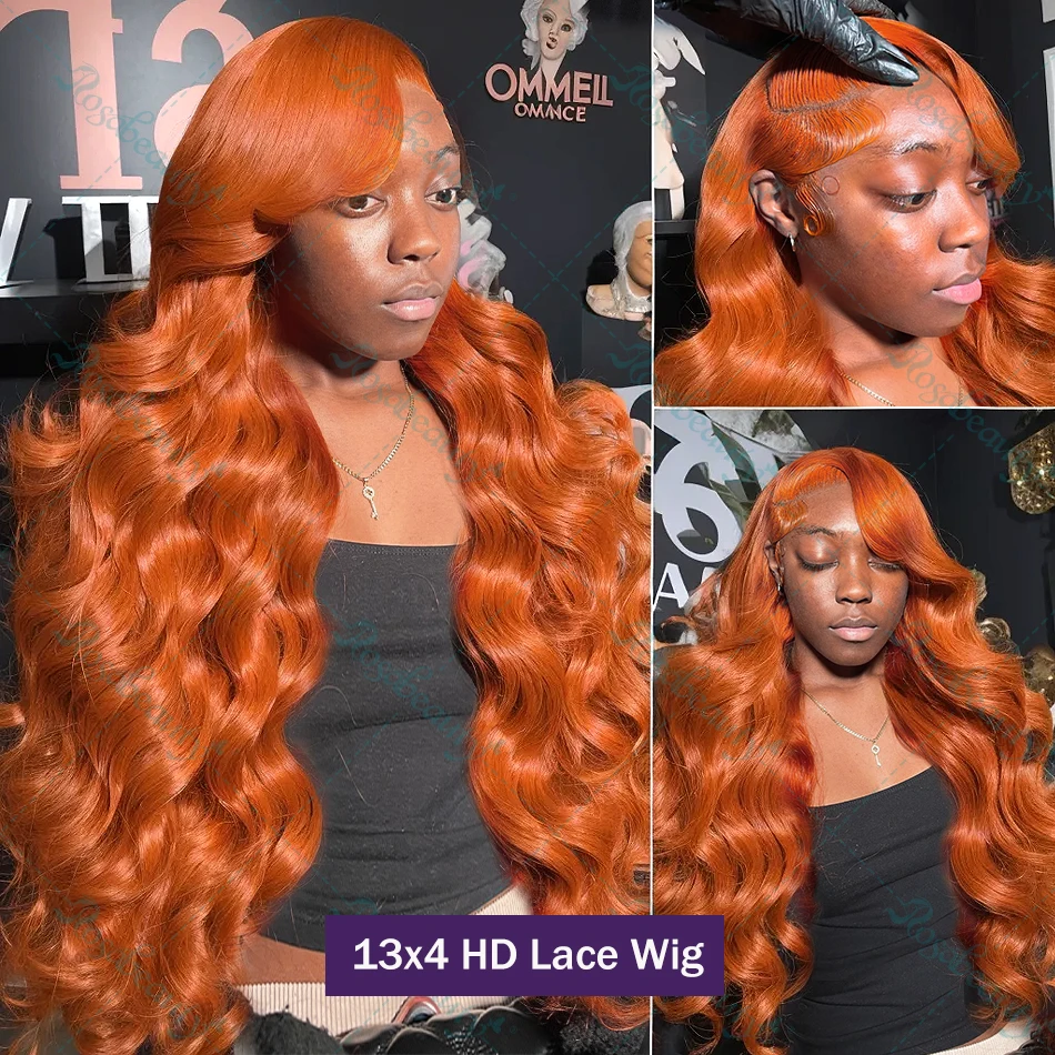 Rosabeauty 30Inch Colored Orange Ginger 13x4 Lace Front Wigs Human Hair Body Wave 13x6 HD Lace Frontal Wig For Women 250 Density