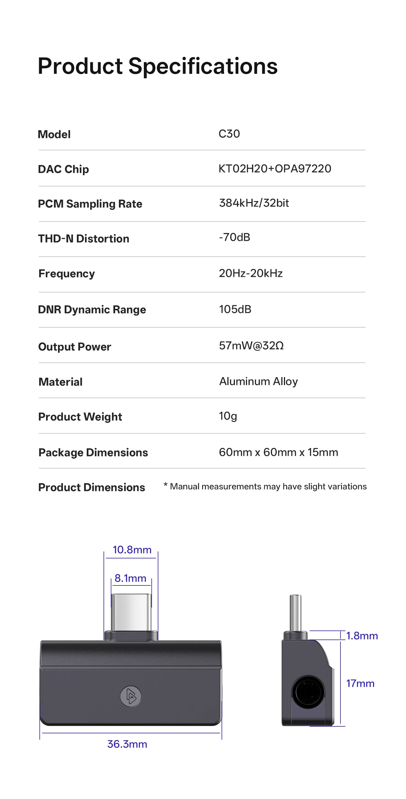BQEYZ C30 Mini tragbarer IEM DAC, Kopfhörerverstärker, USB- und Typ-C-zu-3,5-mm-/4,4-mm-Ausgang, Mini-Audioadapter für Android/iOS/Windows – Detail 10