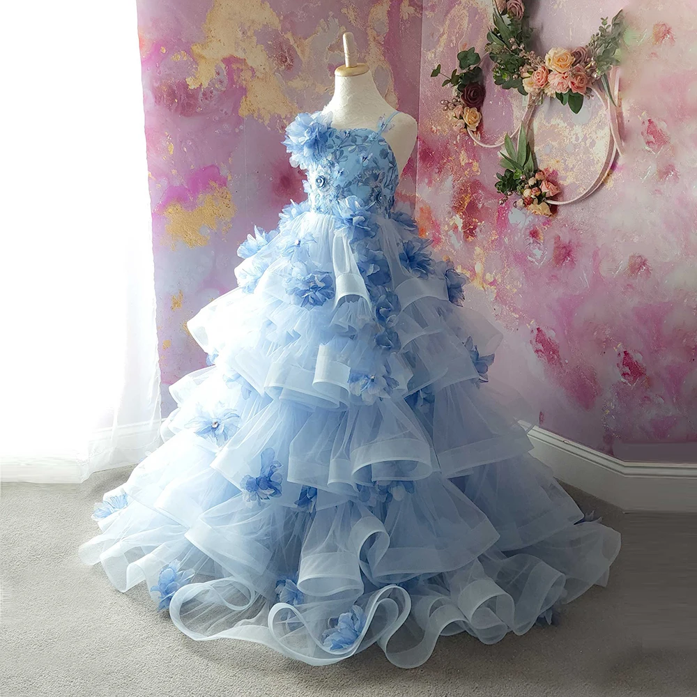 

ESBRIDE Girls Dresses Light Blue Flower Sling Dress Wedding Flower Girl Princess Dress Customized Prom Gown Dress for Prom