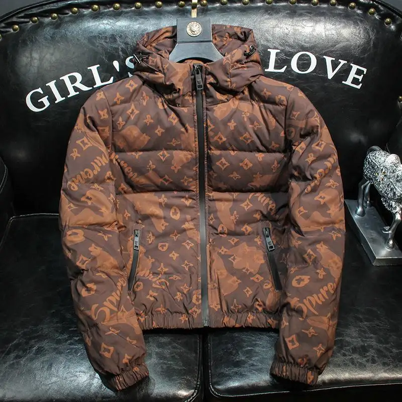 

Men's down jacket new autumn and winter warm short trend printing handsome trendy brand thickened hooded top jacket men