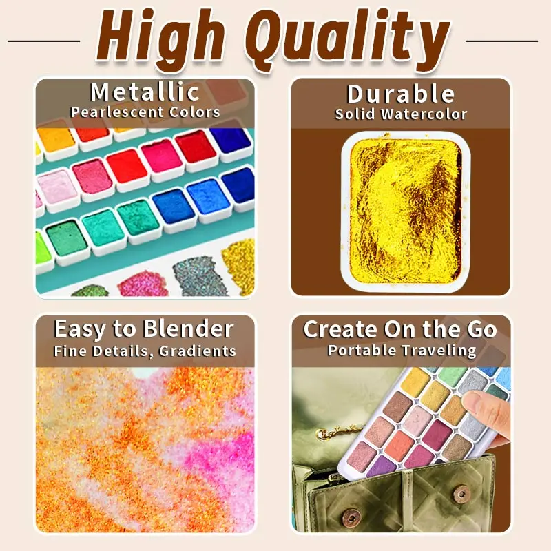 Metallic Pearlescent 24+20 Colors Solid Watercolor Paint Set,Shimmer Glitter Starlight Colors for Painting,Writing