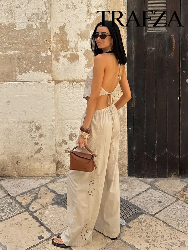 

TRAFZA Women Summer 2-Piece Set Sleeveless Backless Embroidery Strapless Poplin Top+Elastic Waist Pocket Pajama Style Trousers