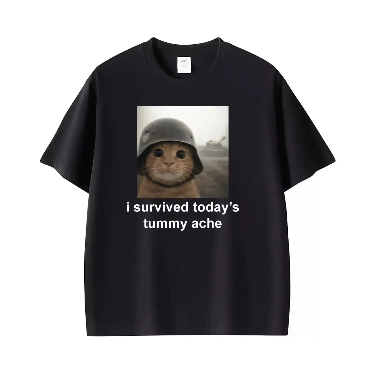 Tummy Ache Cat Meme I Survived Todays Tummy Ache Graphic T Shirts =omen Street Hot Sale T-shir=versized TShirt