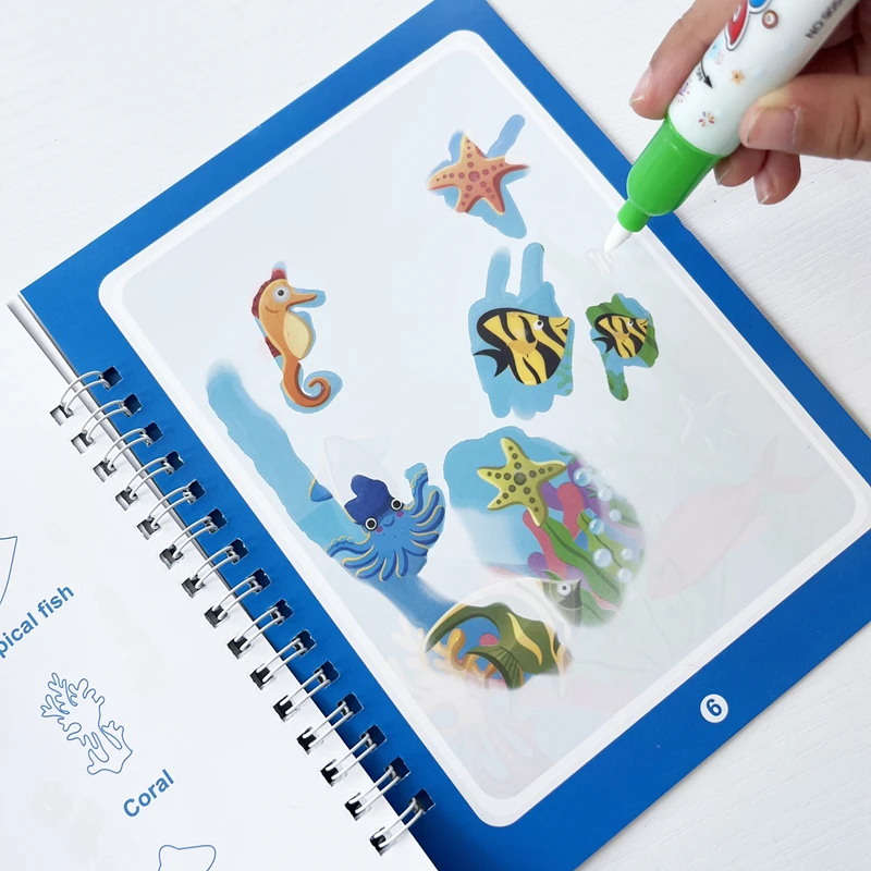 Wiederverwendbares Zauberbuch zum Wasserzeichnen – Malset zum Thema Wasser für Kinder mit Aufklebern, 2-in-1-Spaß zum Ausmalen und Aufklebern