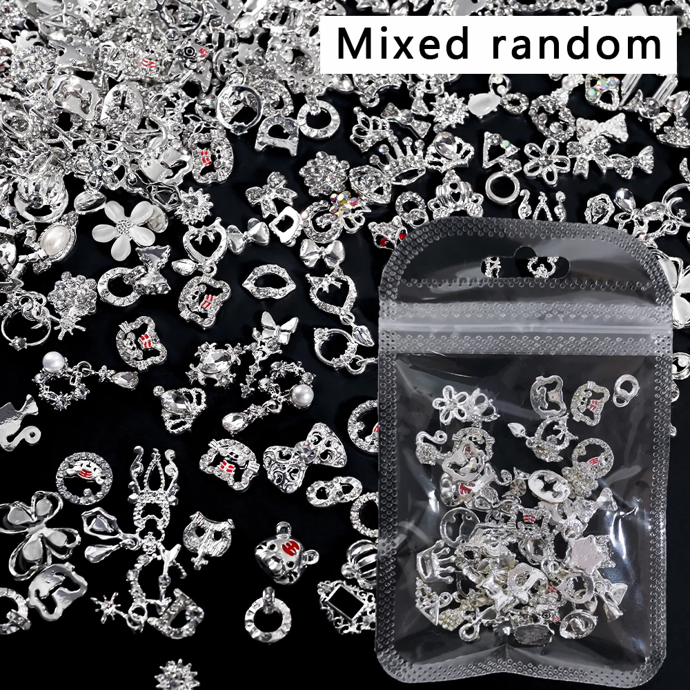

50Pcs Random Mixed Silver Luxury Nail art rhinestones 3D Flower/Heart/Ribbon Bow/Crown Nail Charm Manicure DIY Craft Accessories