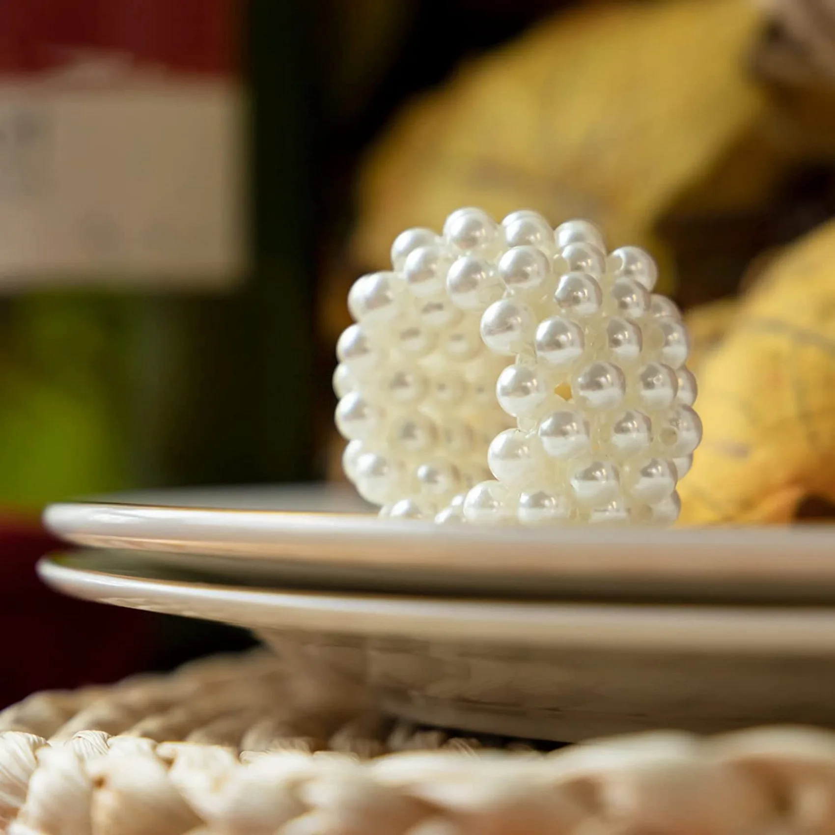 Ensemble de 12 rondelles de serviette, décoration de table avec perles blanches, pour mariage